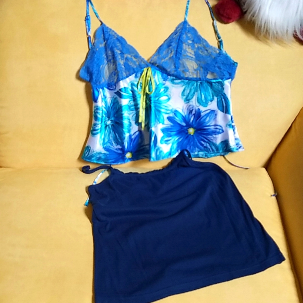 2 blue camisoles, size medium, 1 satin, 1 stretch cotton.
